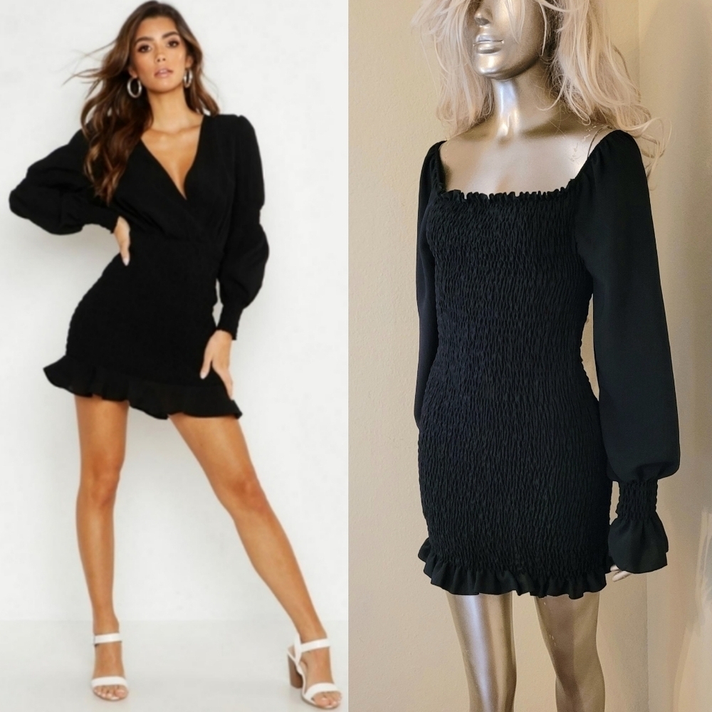 NWT Boohoo Black Shirred Ruffle Deep V Neck Bodycon Mini dress Sz 8
